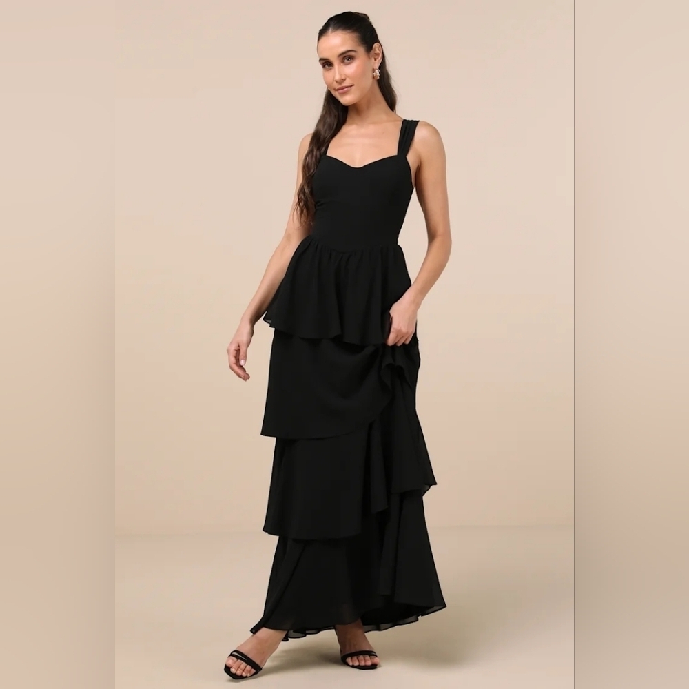 Lulus Carlynda Black Tiered Bustier Maxi Dress L Wedding Party Feminine NWT - Picture 2 of 10
